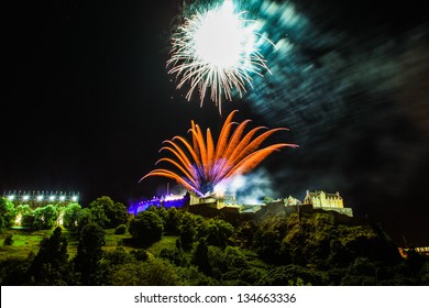 Wonderful View Of Edinburgh Castle At Night With Fireworks.