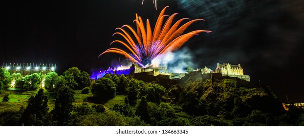 Wonderful View Of Edinburgh Castle At Night With Fireworks.