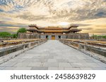 Wonderful view of the “ Meridian Gate Hue “ to the Imperial City with the Purple Forbidden City within the Citadel in Hue, Vietnam. Imperial Royal Palace of Nguyen dynasty in Hue. Travel concept