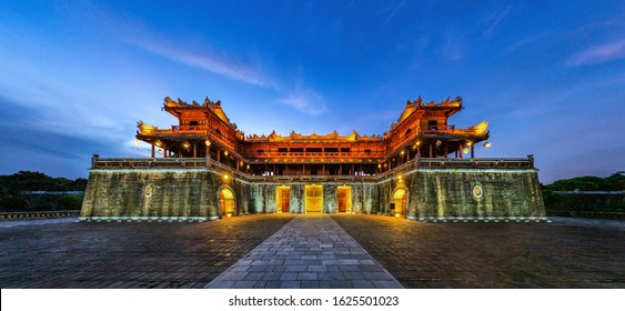 Wonderful view of the “ Meridian Gate Hue “ to the Imperial City with the Purple Forbidden City within the Citadel in Hue, Vietnam. Imperial Royal Palace of Nguyen dynasty in Hue. Hue is a popular 