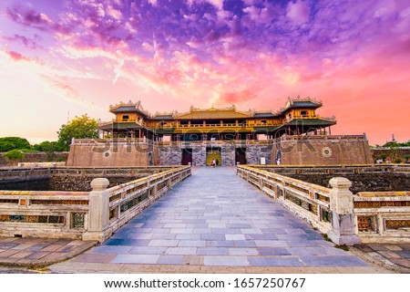 Wonderful view of the “ Meridian Gate Hue “ to the Imperial City with the Purple Forbidden City within the Citadel in Hue, Vietnam. Imperial Royal Palace of Nguyen dynasty in Hue. Hue is a popular