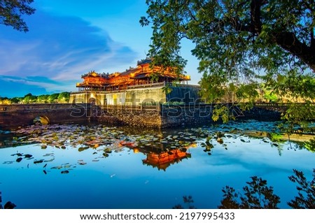 Wonderful view of the “ Meridian Gate Hue “ to the Imperial City with the Purple Forbidden City within the Citadel in Hue, Vietnam. Imperial Royal Palace of Nguyen dynasty in Hue. 