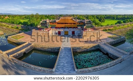 Wonderful view of the “ Meridian Gate Hue “ to the Imperial City with the Purple Forbidden City within the Citadel in Hue, Vietnam. Imperial Royal Palace of Nguyen dynasty in Hue. Hue is a popular 
