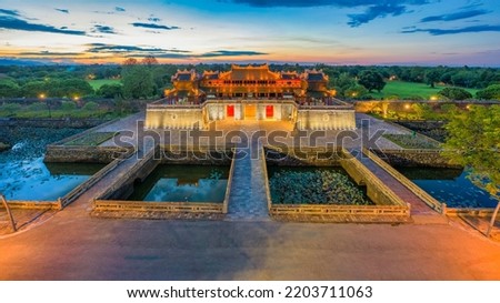 Wonderful view of the “ Meridian Gate Hue “ to the Imperial City with the Purple Forbidden City within the Citadel in Hue, Vietnam. Imperial Royal Palace of Nguyen dynasty in Hue. Hue is a popular 
