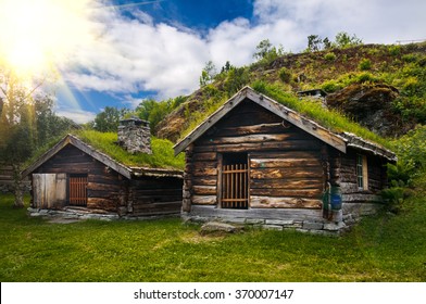 Wonderful view on ancient scandinavian viking village and countryside landscape