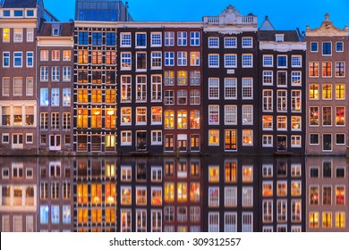 Wonderful view on houses of Amsterdam in night,Netherlands.