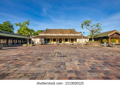 Wonderful view of the Ta Vu house in the Imperial City with the Purple Forbidden City within the Citadel in Hue, Vietnam. Imperial Royal Palace of Nguyen dynasty in Hue. Hue is a popular 