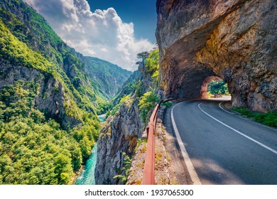 Wonderful View Of Tunel To Piva River Pass. Spectacular Summer Scene Of Montenegro, Europe. Beautiful World Of Mediterranean Countries. Traveling Concept Background.