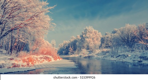 Wonderful Winter Scene. Frosty, Misty Morning On The Small River. Frost Covered Trees In The Warm Glow Of Sunrise On The Beach. The Beauty Of The World. Europe. Ukraine. Ternopol. Instagram Filter