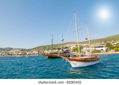 Wonderful Yacht In Blue Bay Near Bodrum Town.