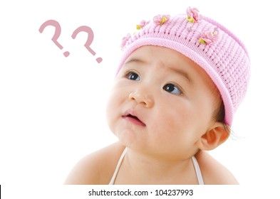 Wondering Pan Asian Baby Girl With Question Mark Isolated On White Background