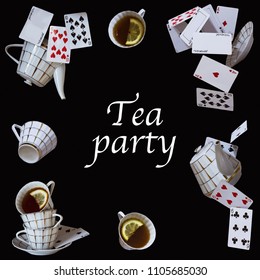 Wonderland background. Mad tea party. Cups, teapot and playing cards falling down the rabbit hole.