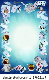 Wonderland background. Mad tea party.Playing cards, pocket watch, key, cup and teapot falling down the rabbit hole. Vertical banner.