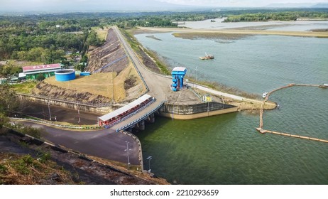 Wonogiri Indonesia July 8 2021 Gajah Mungkur Reservoir That Also Used As 
Hydroelectric Power Plant View From Above During Sunny Day