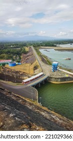 Wonogiri Indonesia July 8 2021 Gajah Mungkur Reservoir That Also Used As 
Hydroelectric Power Plant View From Above During Sunny Day