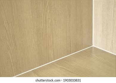 Wood Background Beige Color With Copy Space Used As Backdrop Or Wallpaper, Wooden Corner With Silicone Rubber Grout Finishing.