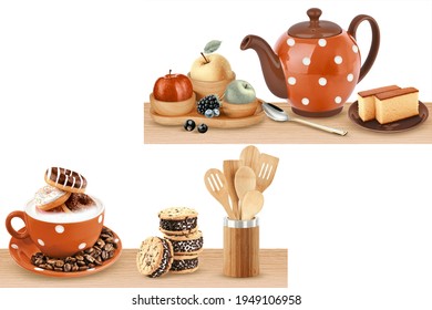 Wood background in kitchen set, luxurious brown kitchen set, wooden kitchen set Biscuits spoon coffee cups fruits - Shutterstock ID 1949106958