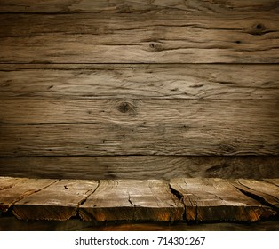 Wood Background - Table With Wooden Wall. Wooden Table Background. Empty Display