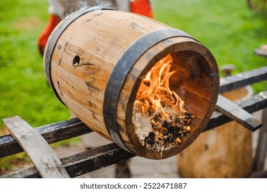 wood barrel handade making process burning inside ancient process