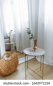 Wood Basket White Mirror And White Table White Drapes Marble Backsplash In Cozy Bright Interior Living Room 