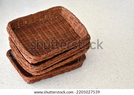 Wood baskets on the table.  Copy space is on the right side. 