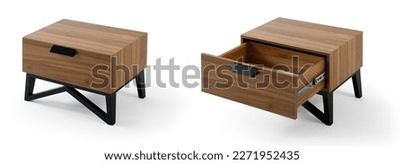 wood bedside table . Modern designer nightstand isolated on white background corner view. cabinet with two drawers