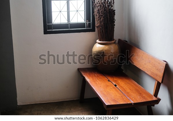 Wood Bench By Window Vase Stock Photo Edit Now 1062836429