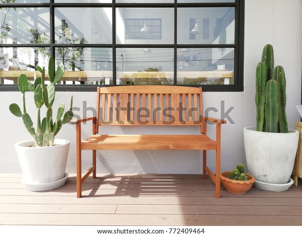 Wood Bench Outside Cafe Beside Cactus Stock Photo Edit Now 772409464