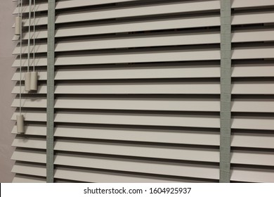 Wood blinds beige color, 50mm slats, venetian. Wooden blinds closeup on the window in the interior.