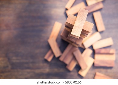 Wood Blocks Stack Game With Copy Space, Background. Concept Of Education, Risk, Development, And Growth