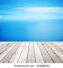 Wood, Blue Sea And Sky Background