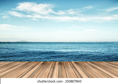 Wood, Blue Sea And Sky Background