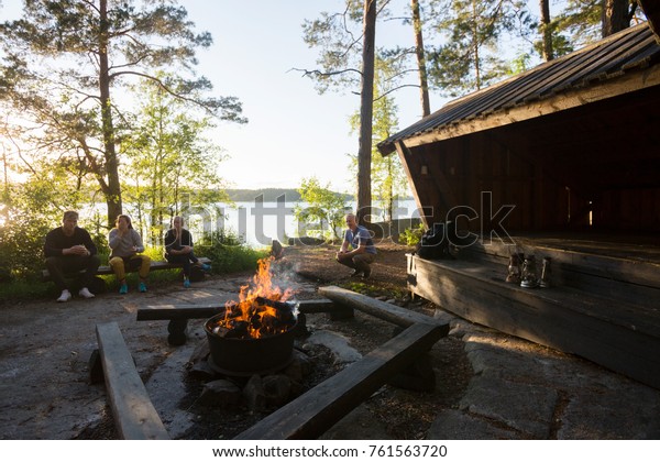 Wood Burning Firepit Friends Relaxing Forest Stock Photo Edit Now