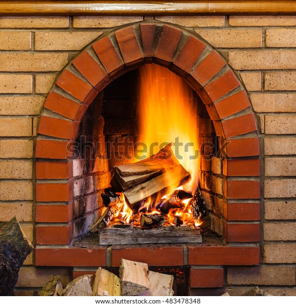 Wood Burning Indoor Brick Fireplace Country Interiors Stock Image