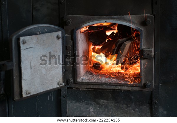 Wood Burning Inside Bio Fuel Boiler Industrial Interiors Stock