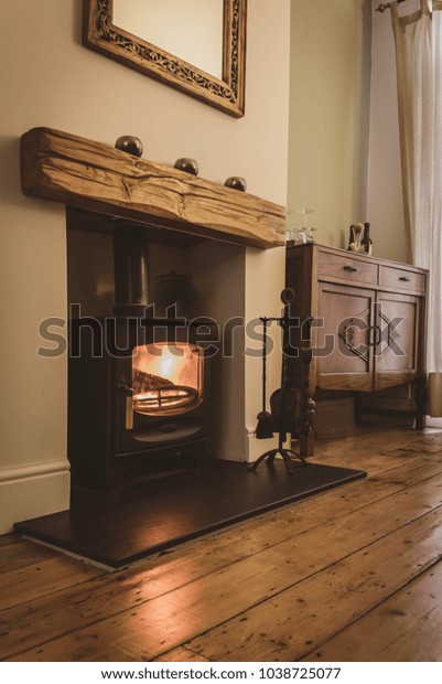 Wood Burning Stove Fireplace Oak Mantelpiece Stock Photo Edit Now