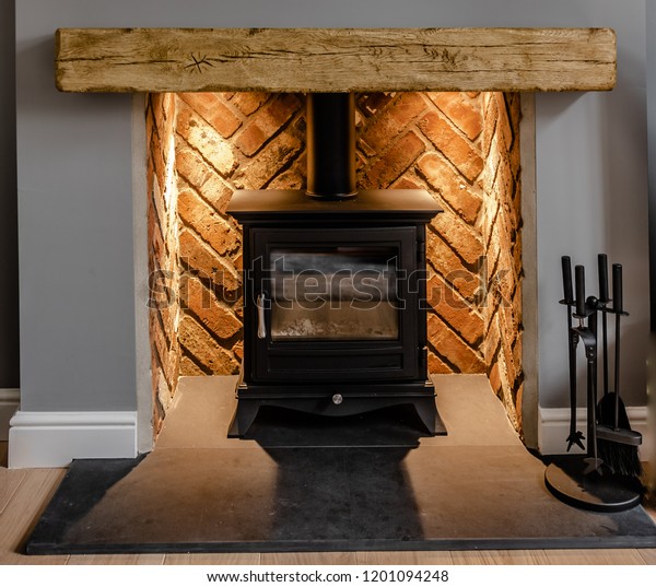 Wood Burning Stove On Slate Herringbone Stock Photo Edit Now