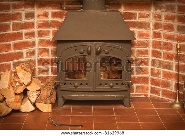 Wood Burning Stove Red Brick Fireplace Stock Photo Edit Now 81629968