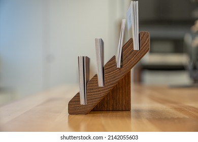 Wood Business Card Holder On Office Table At Work