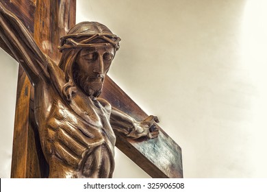 A Wood Carved Statue  Of The Crucifixion Of Jesus Christ