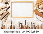 Wood carving tools. Carpentry workshop desk for joinery and woodworking top view.