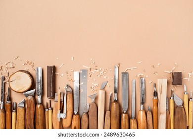 Wood carving tools. Carpentry workshop desk for joinery and woodworking top view. - Powered by Shutterstock