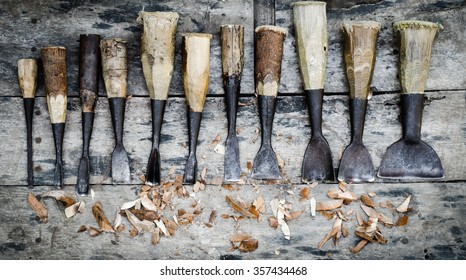 Wood Carving Tools On Wooden Background