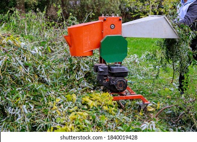 Wood chipper tree branches loaded cut green tree branches in urban neighborhood. - Shutterstock ID 1840019428
