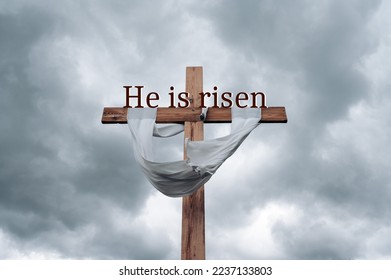 Wood cross on grey sky background with copy space for inscription. Good Friday, He is risen concept. - Shutterstock ID 2237133803