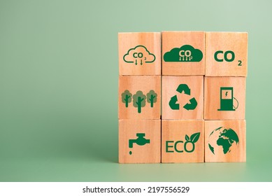 Wood Cube Block Icon Co2 Carbon Credit And Eco Energy Green Technology On Green Background.