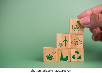 Wood Cube Block Icon Net Zero Carbon Credit And Eco Energy Green Technology On Green Background.