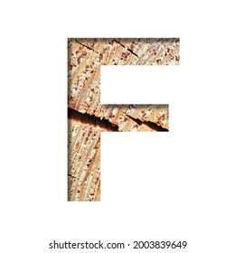 Wood Cut Font. The Letter F Cut Out Of Paper On The Background Of A Cut Of A Tree With Cracks And Shavings. Set Of Decorative Natural Alphabet Fonts.