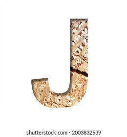 Wood Cut Font. The Letter J Cut Out Of Paper On The Background Of A Cut Of A Tree With Cracks And Shavings. Set Of Decorative Natural Alphabet Fonts.