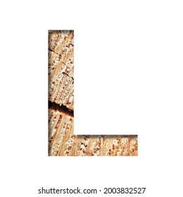 Wood Cut Font. The Letter L Cut Out Of Paper On The Background Of A Cut Of A Tree With Cracks And Shavings. Set Of Decorative Natural Alphabet Fonts.